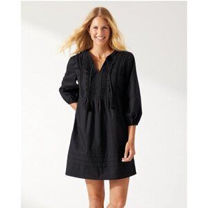 Tommy Bahama Black Salina Key Tasseled Embroidered Cotton Poplin Dress size M
